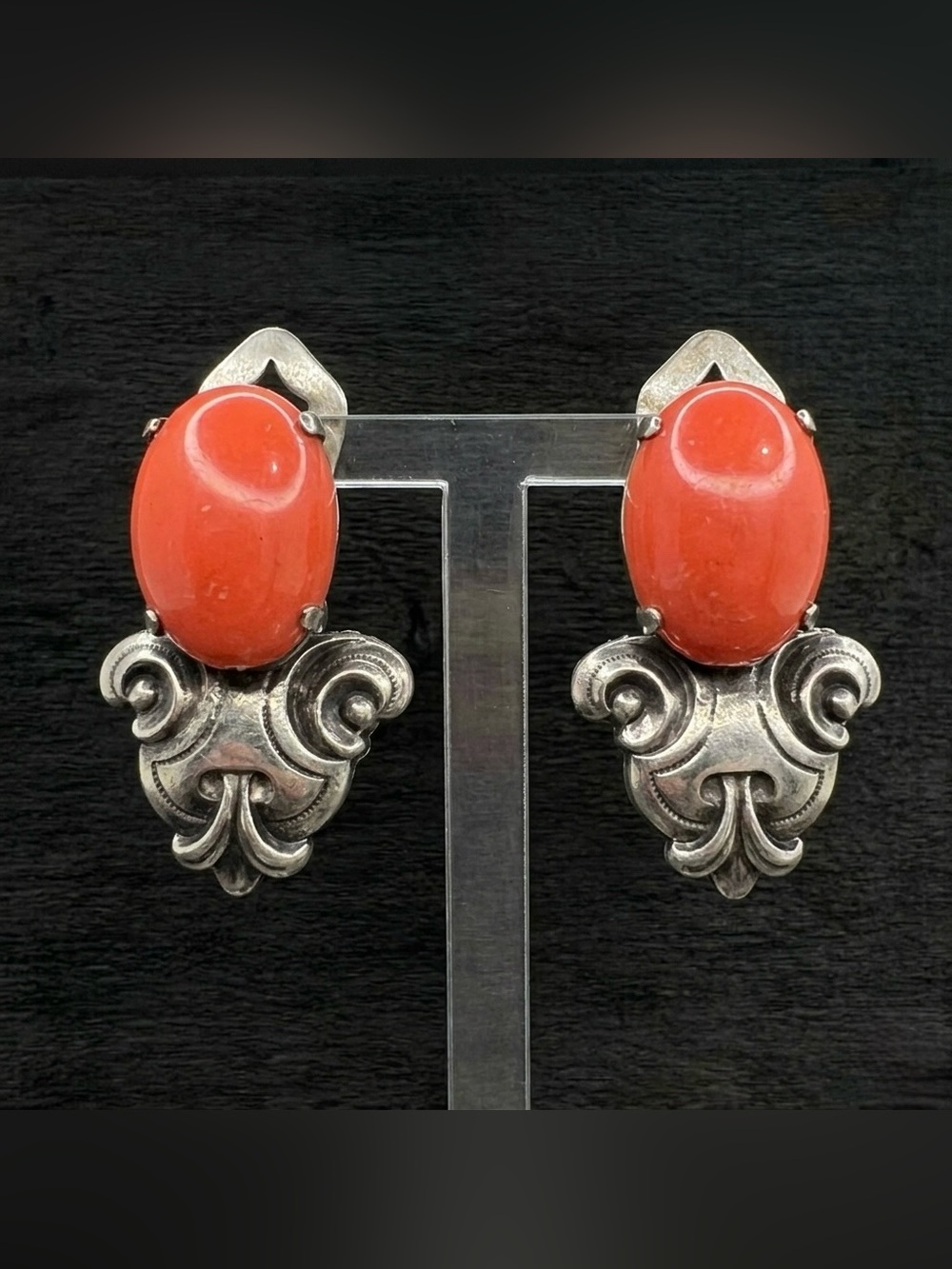 Vintage 80s GAS Bijoux St Tropez Faux Coral Cabochon Silver Tone Clip Earrings